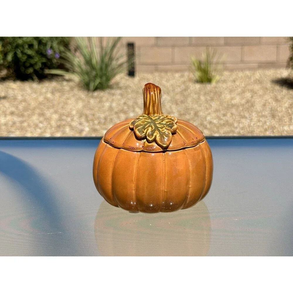 Ceramic Pumpkin Jar with Leaf on Lid Fall Harvest Thanksgiving Halloween Decor
